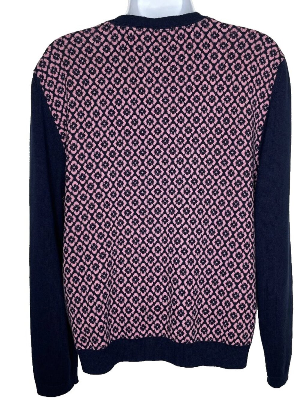 Juicy Couture Ikat Cardigan Sweater Size L Navy Blue Pink V-neck Wool Blend